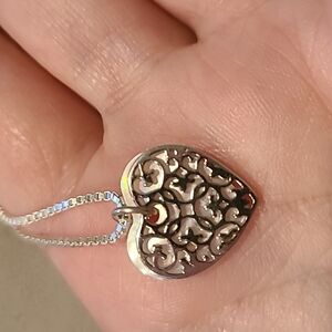 Filigree heart over mother of pearl heart sterling silver necklace